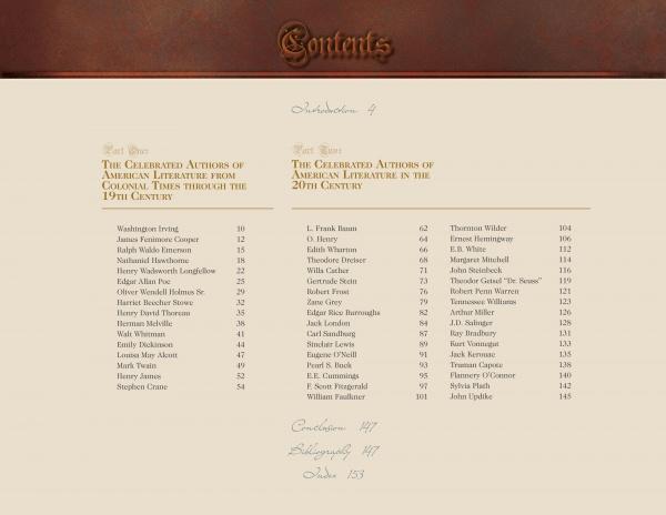 America's Literary Legends by Schiffer Publishing, Ltd. features a brown-header table of contents. The left lists 19th-century American authors, the right lists 20th-century authors with page numbers. Credits, bibliography, and index appear at the bottom.