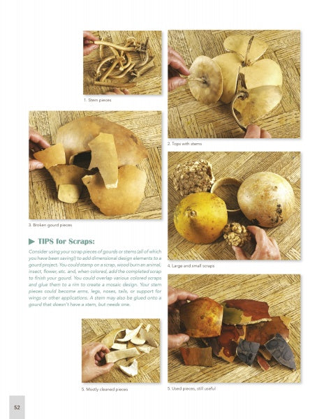A collage from "One Gourd at a Time" by Schiffer Publishing, Ltd. displays dried gourd craft materials—stem pieces, tops with stems, broken and used pieces, large and small scraps—arranged on a woven background.