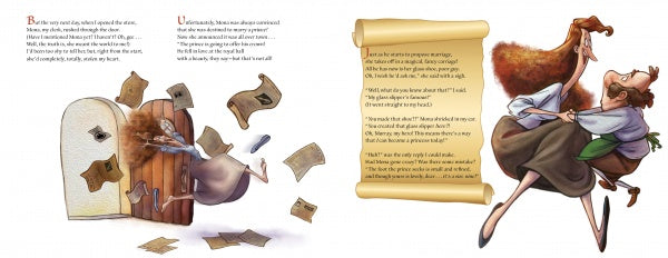 As a girl opens a door in Schiffer Publishing, Ltd.’s "If the Shoe Fits," she’s swept up by swirling letters; on the right, a woman embraces her among scattered parchment, capturing this children’s book’s fairy-tale magic.