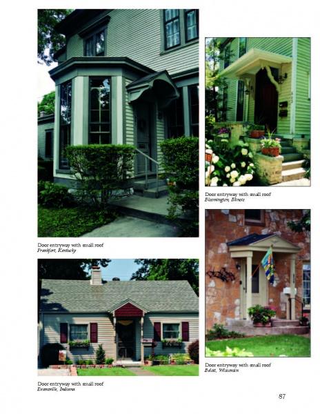 The image from "Entryways and Doorways" by Schiffer Publishing, Ltd. features four houses with unique front door styles, sheltered by small roofs. Distinctive architecture and vibrant landscaping are shown, with captions noting each location and doorway.