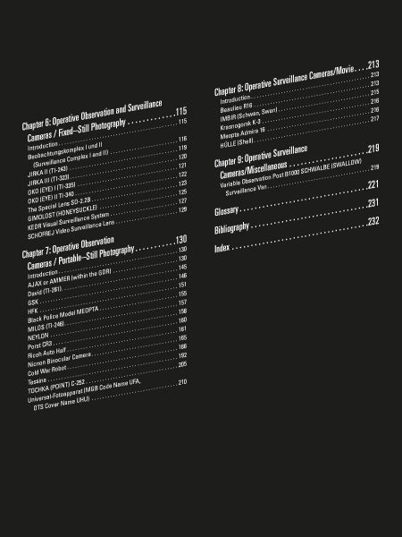 Angled table of contents page for "The Secret History of STASI Spy Cameras" by Schiffer Publishing, Ltd., listing chapters on operative surveillance, spy cameras, fixed and portable cameras, miscellaneous devices, glossary, bibliography; black background, white text.