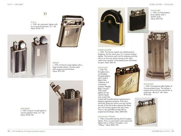 The Handbook of Vintage Cigarette Lighters by Schiffer Publishing, Ltd. features vintage lighters with descriptions, maker info, and values—ideal for collectors. Explore various shapes, sizes, and metal finishes, all presented on white backgrounds.