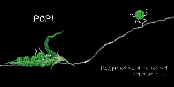 A drawing of Astro Pea and vegetable friends in a pod. One pea, Astro Pea, pops out and rolls along a white line. Text reads: POP! Astro Pea jumped out of the pod and found a... Schiffer Publishing, Ltd.