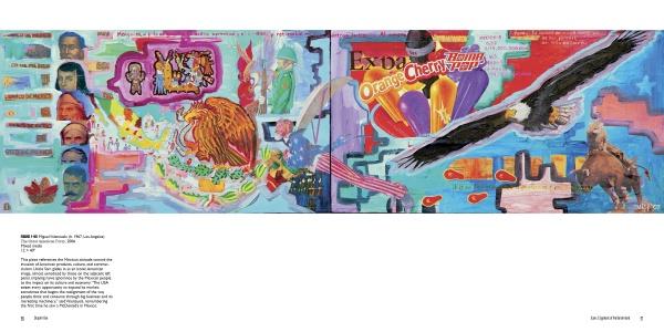 Icons & Symbols of the Borderland by Schiffer Publishing, Ltd. showcases a vibrant mural with Mexican and American symbols—eagle, horse, U.S. flag, portraits, and colorful text—blending cultural and political imagery from the borderlands.