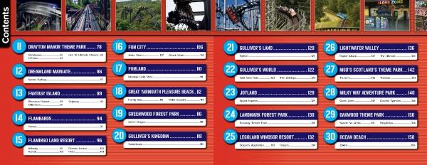 Table of contents for "Coasting Around the UK" by Schiffer Publishing, Ltd. Features 26 top British attractions, color-coded entries with names and page numbers, and UK roller coaster images above the text.