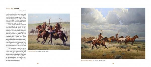A two-page spread in Schiffer Publishing, Ltd.'s "Western Art of the Twenty-First Century" showcases text on artist Martin Grelle, with paintings of Native American riders on horseback, including one beneath a cloudy sky.