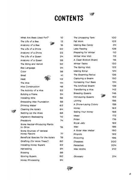 The Graphic Guide to Beekeeping by Schiffer Publishing, Ltd. features a contents page with charming bee illustrations and page-numbered topics—bee life, anatomy, honey making, hive life, illustrated beekeeping, and crafts—in two columns.