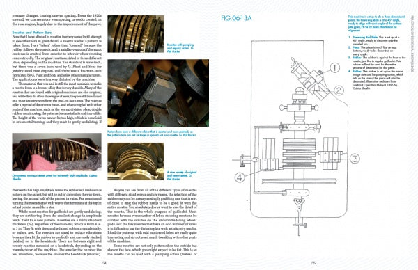 A textbook spread from "Guilloché" by Schiffer Publishing, Ltd., displays text, photos of lens components, and a technical diagram on rose engine ornamental turning. Blue headings and figure labels appear on the white-background pages.