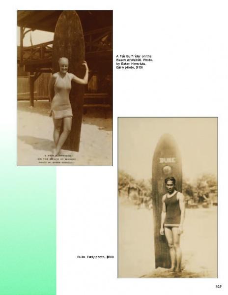Two sepia-toned vintage postcards feature women in swimsuits with surfboards—one labeled DUKE—making these early 20th-century surf images unique collectibles, highlighted in Schiffer Publishing's The Ultimate Collector's Guide to.