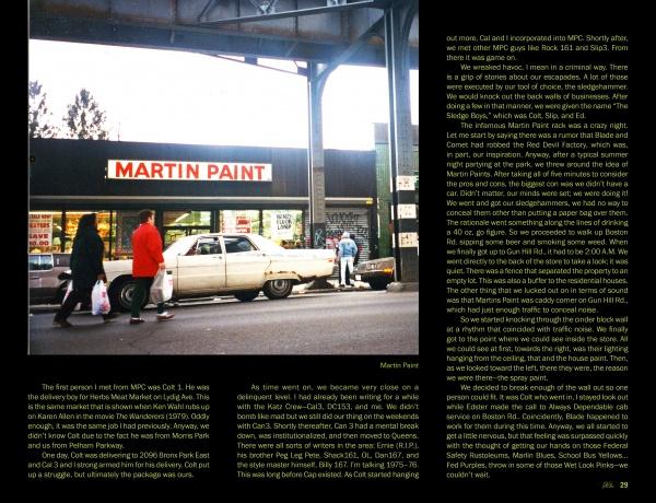 A vintage photo of a Martin Paint store with a large red sign. People walk past carrying bags; a cream car is parked at the curb. Text and hints of NYC graffiti overlay the right side. From Schiffer Publishing, Ltd.’s "Morris Park Crew.