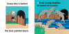 Left: A hedgehog peeks by a black door. Right: Five dolphins jump from blue water near a fence, with 'five' in four languages—ideal for teaching numbers and colors in Schiffer Publishing, Ltd.'s "Guess Who Is behind the Door.