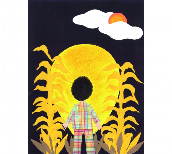 A child in plaid stands among tall yellow plants, gazing at a huge yellow sun on a dark backdrop—an ideal cover for Schiffer Publishing, Ltd.'s “Halloween Sleepwalker,” where subtle fears and eerie clouds evoke Halloween mystery.