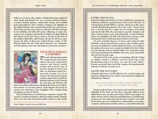 Two pages from *Vampire Evolution* by Schiffer Publishing, Ltd. cover Mesopotamian vampire folklore—depicting a winged female—and recount legends of Estre, Aluga, and Lilith the Succubus.
