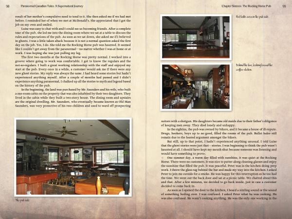 A two-page spread in "Paranormal Canadian Tales" by Schiffer Publishing, Ltd. describes a haunted Canadian pub, featuring four photos of its bar, dining area, and rustic wooden decor that create a cozy, lore-filled setting.