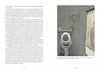 A two-page spread from “Demons” by Schiffer Publishing, Ltd.: The left page shows two-column text on exorcism techniques; the right depicts a bathroom with a raised toilet seat, toilet paper, shelf items, and a shower curtain—hinting at demon hunters.