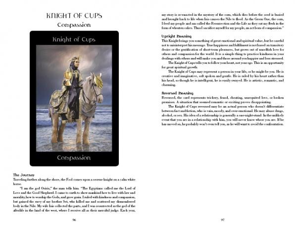 The Pagan Ways Tarot by Schiffer Publishing, Ltd. features a Knight of Cups card with a knight in armor on a white horse near water, plus pages with insights into the card’s meaning, keywords, and guidance.