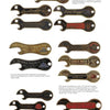 Advertising Openers by Schiffer Publishing, Ltd. showcases vintage metal bottle and beer advertising openers in various shapes, with engraved brewery names, ornate lettering, and unique branding, all displayed in rows on a white background.