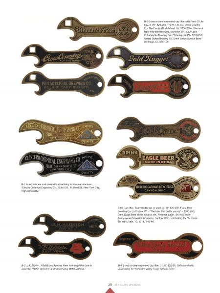 Advertising Openers by Schiffer Publishing, Ltd. showcases vintage metal bottle and beer advertising openers in various shapes, with engraved brewery names, ornate lettering, and unique branding, all displayed in rows on a white background.