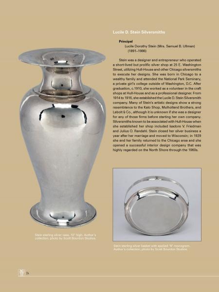 Displayed upright, the Hand Wrought Arts & Crafts Metalwork and Jewelry by Schiffer Publishing, Ltd. features a wide-necked silver vase and a top-view image, with text detailing its significance in American decorative metalwork and jewelry history.