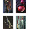Four images showcase "Braiding Rawhide Horse Tack" by Schiffer Publishing, Ltd., featuring decorative ropes, beads, and natural elements like onions on rustic wooden backgrounds, capturing the essence of traditional braiding craftsmanship.