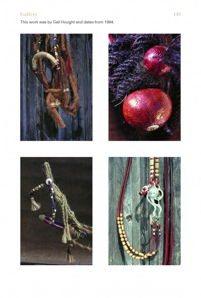 Four images showcase "Braiding Rawhide Horse Tack" by Schiffer Publishing, Ltd., featuring decorative ropes, beads, and natural elements like onions on rustic wooden backgrounds, capturing the essence of traditional braiding craftsmanship.