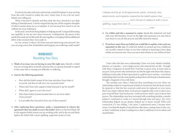 Two pages from "The Muse in You" by Schiffer Publishing, Ltd.: the left page has a "Rewriting Your Story" worksheet for self-reflection; the right offers tips on emotional health, shifting perspective, and releasing limiting beliefs.
