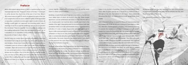 A grayscale image from "Tokyo Graffiti" by Schiffer Publishing, Ltd.: book preface text spans two pages; on the right, a para-athlete with running blades races over an abstract, Tokyo-inspired urban art background.