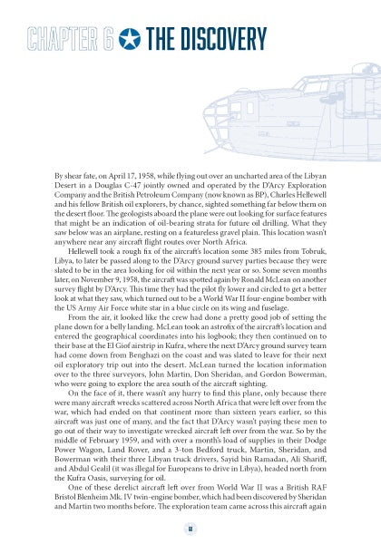 A page from No Way Out by Schiffer Publishing, Ltd. features Chapter 6: The Discovery, detailing the WWII bomber Lady Be Good’s 1958 sighting over the Libyan Desert, with its faint outline and structured text layout shown on the right.