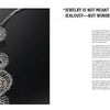 On the left, "From Thread and Wire" by Schiffer Publishing, Ltd.—a silver wire necklace with red accents showcasing crochet jewelry—rests on black. On the right, a jewelry quote and two-column article appear in black text on white.
