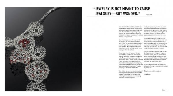 On the left, "From Thread and Wire" by Schiffer Publishing, Ltd.—a silver wire necklace with red accents showcasing crochet jewelry—rests on black. On the right, a jewelry quote and two-column article appear in black text on white.