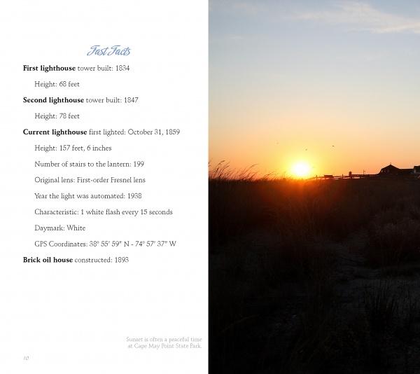 Text about Cape May Lighthouse’s history appears on the left, while a sunset glows over dunes and grasses on the right, featuring the iconic lighthouse and birds—an ideal Cape May Lighthouse souvenir from Schiffer Publishing, Ltd.
