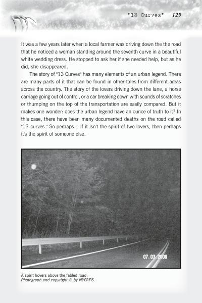 A black-and-white photo evokes the haunted legends of the Finger Lakes, showing a misty shape above a curving night road. "Haunted Finger Lakes" by Schiffer Publishing, Ltd. explores these mysteries along this eerie stretch.