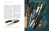 A two-page spread from The Big Book of Knives by Schiffer Publishing, Ltd. shows types of knives described in a left column and various folding knives with different handles and blades displayed on wood to the right.