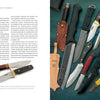 A two-page spread from The Big Book of Knives by Schiffer Publishing, Ltd. shows types of knives described in a left column and various folding knives with different handles and blades displayed on wood to the right.