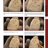 A step-by-step guide in Carving Caricature Nametags by Schiffer Publishing, Ltd. shows gloved hands using a “V” tool to outline a smiling pumpkin face in wood, with illustrated progress photos for fun woodcarving projects.