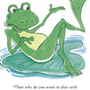 An illustrated green frog lounges on a lily pad with a butterfly overhead. From Schiffer Publishing, Ltd., "The Silly Looking Thing" features the text: “Then why do you want to play with me now?” said the young frog. Perfect for children’s books.