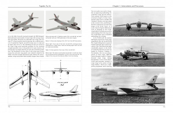 Two book pages from "Tupolev Tu-16" by Schiffer Publishing, Ltd. showcase black-and-white photos, diagrams, and technical drawings detailing the development and swept-wing design of this iconic Soviet medium bomber.