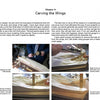 A page from "How to Carve Bellamy Eagles" by Schiffer Publishing, Ltd. features text and four photos showing hands carving a classic Bellamy-style wooden wing from basswood, detailing the step-by-step process.