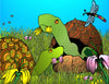Two turtles with patterned shells rest in tall grass and flowers. A dragonfly perches atop a shell, while bees buzz in the blue sky—a scene inspired by "The Turtle Tank" from Schiffer Publishing, Ltd.