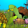 Two turtles with patterned shells rest in tall grass and flowers. A dragonfly perches atop a shell, while bees buzz in the blue sky—a scene inspired by "The Turtle Tank" from Schiffer Publishing, Ltd.