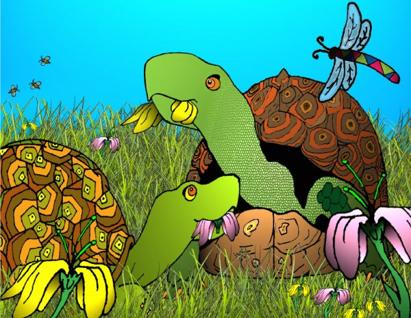 Two turtles with patterned shells rest in tall grass and flowers. A dragonfly perches atop a shell, while bees buzz in the blue sky—a scene inspired by "The Turtle Tank" from Schiffer Publishing, Ltd.