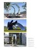 Three photos from Contemporary Sculptors by Schiffer Publishing, Ltd.: the top features sweeping mirrored arcs, the middle shows angular reflective petals, and the bottom displays a tall, arching piece with an open center.