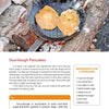 Two pancakes cook in a black grill pan over an outdoor wood fire, as shown in the book "On an Open Fire" by Schiffer Publishing, Ltd. A sourdough pancake recipe and a yellow ingredients box appear below the image.