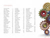 Table of contents from Art Jewelry Today 4 by Schiffer Publishing, Ltd., featuring three columns of names and page numbers and vibrant, gear-inspired floral designs along the right edge, evoking contemporary jewelry style.