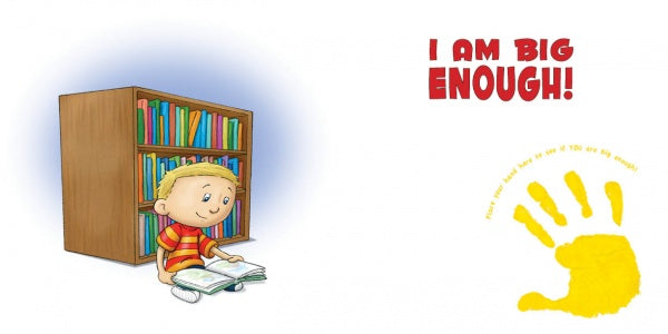 A young child reads a picture book beside a bookshelf. On the right, bold red text says Am I Big Enough? (Schiffer Publishing, Ltd.) above a yellow handprint with small curved text. Ideal for preschoolers learning good manners.