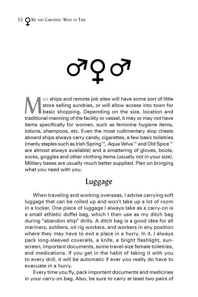 A page from "Close Quarters" by Schiffer Publishing, Ltd. features a title, gender symbols, and work travel advice for women—covering toiletries, clothing, luggage tips—with page 52 shown at the top.
