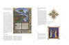 A book spread from *Beginning Illumination* by Schiffer Publishing, Ltd. features a medieval saint with animals on the left page, detailed with ornate patterns and gilding, and two decorative manuscript samples with text on the right page.