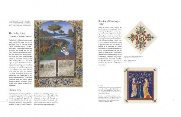 A book spread from *Beginning Illumination* by Schiffer Publishing, Ltd. features a medieval saint with animals on the left page, detailed with ornate patterns and gilding, and two decorative manuscript samples with text on the right page.