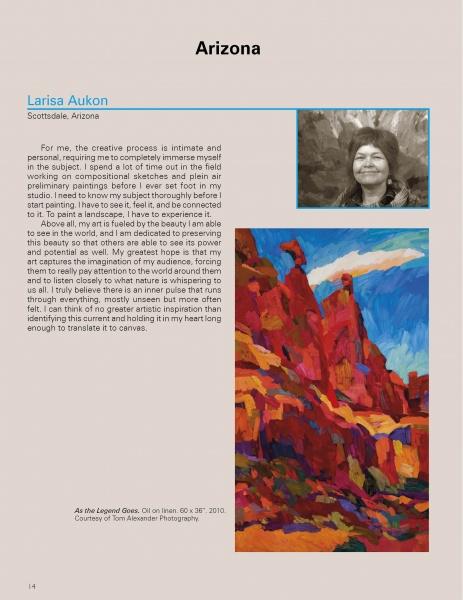 A page about Larisa Aukon showcases her portrait, an artist statement, and her vibrant Arizona New Mexico desert art in vivid reds, blues, and oranges from Schiffer Publishing, Ltd.'s "Contemporary Art of the Southwest.