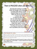 Everyday MAGICK for Children of Earth-Based Spiritual Families: A decorative page with a striped purple and white background, floral border, "There is MAGICK when you Believe..." poem on everyday magick, plus a MAGICK OF A BOX tip and a family activity book challenge.